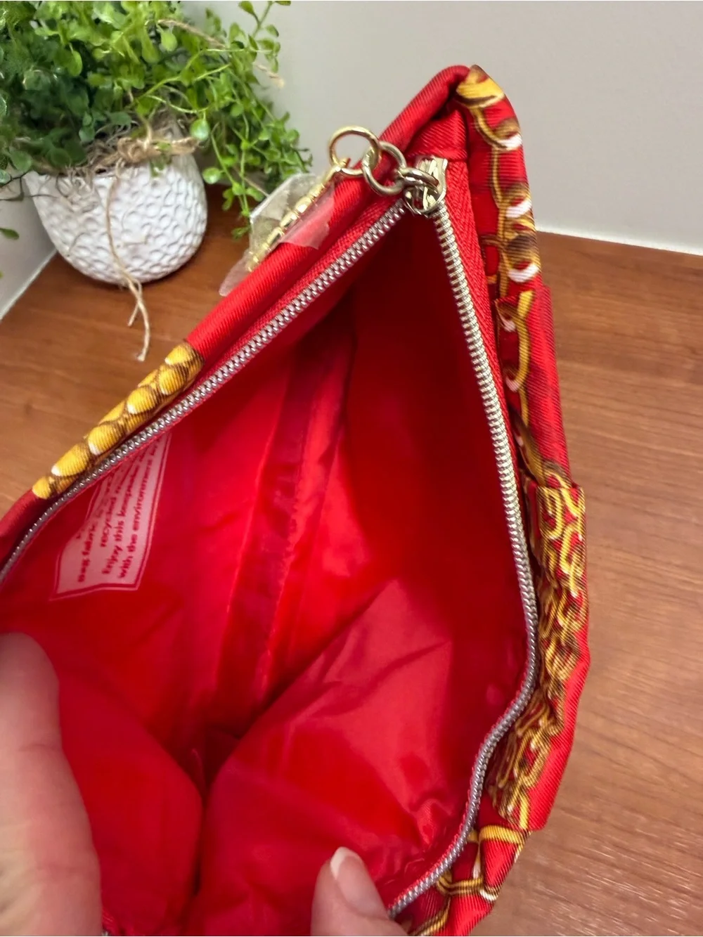 Estee Lauder Red Cosmetic Pouch with Gold Chain Print